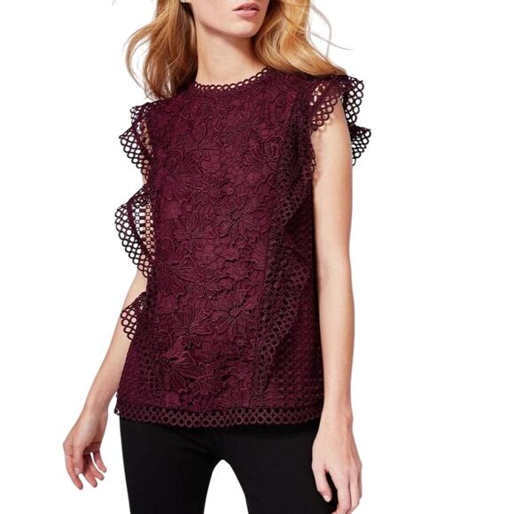 Ted Baker London Tops - Ted Baker Zania Ruffle Mixed Lace Blouse Maroon Women’s 2 US6 Romantic Coquette